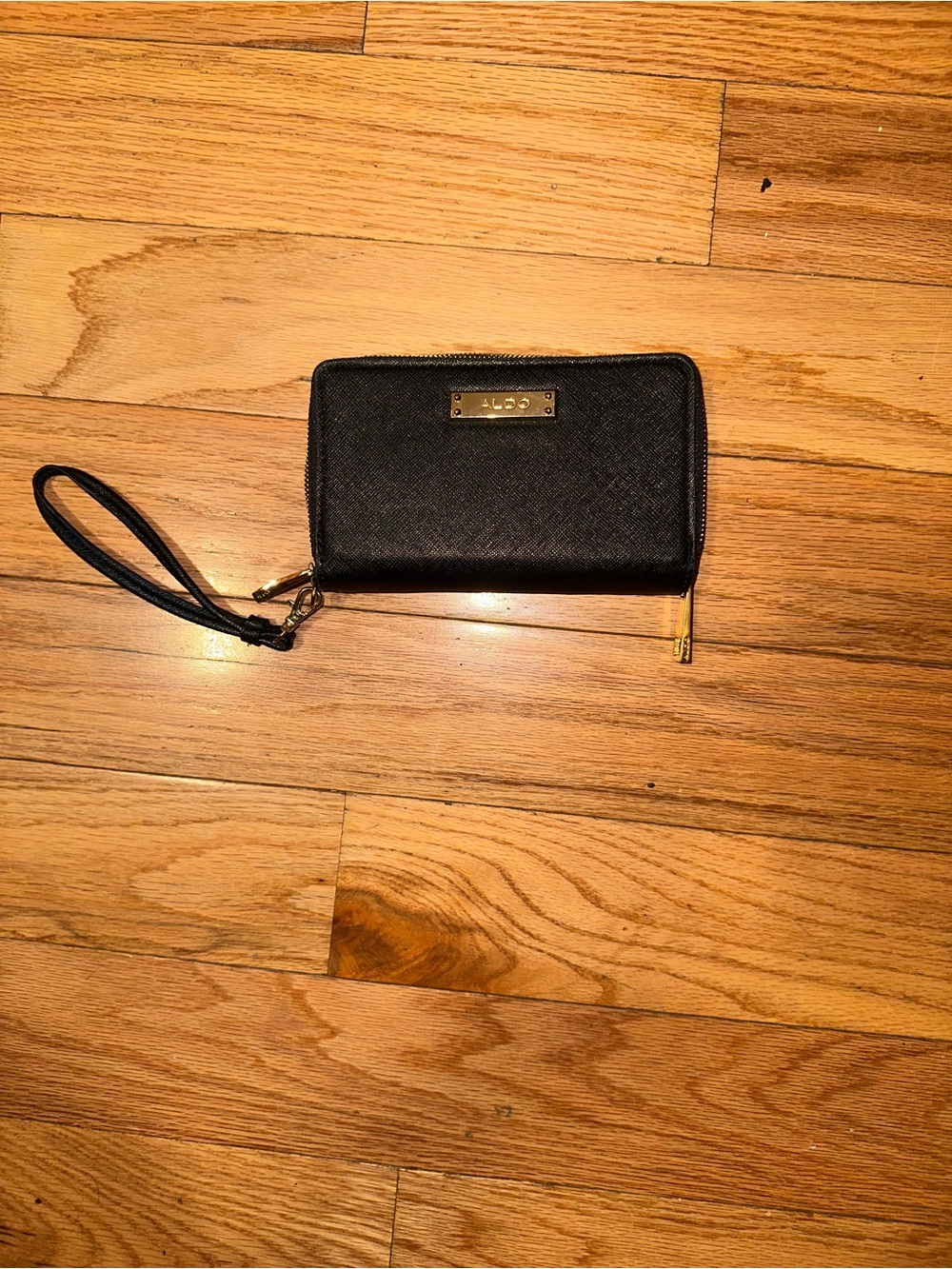 Aldo Black Zip-Around Wristlet Wallet with Gold Plate